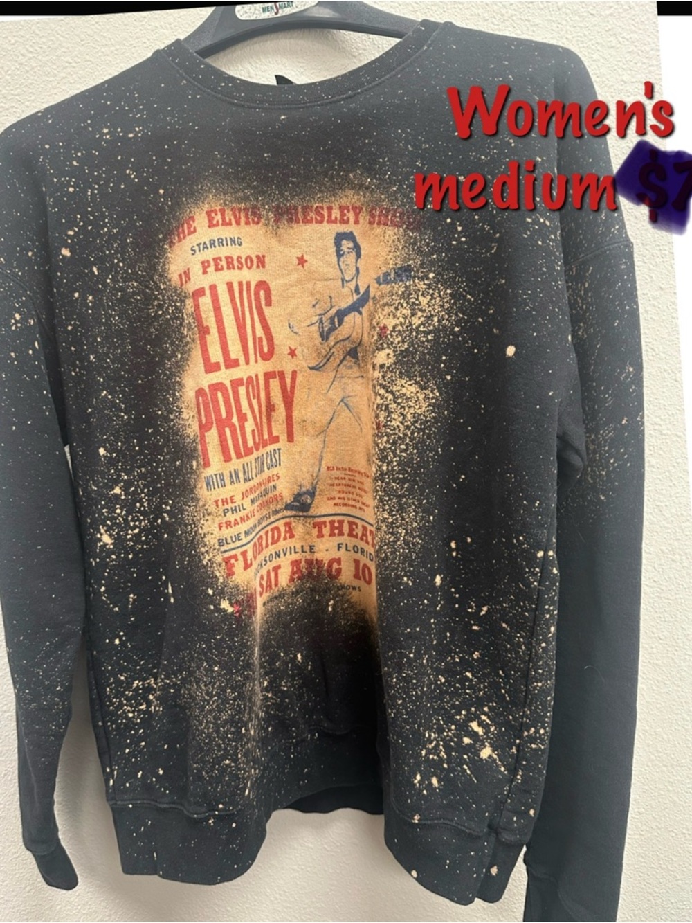 Gildan Black Crewneck Sweatshirt with Bleach-Splatter and Elvis Presley Graphic